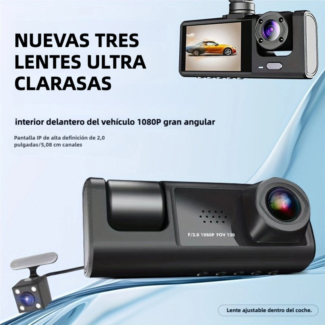 Cámara de Panel Frontal y Posterior de 3 Canales con Soporte - Grabación en Alta Definición, Visión Nocturna, Función de Bloqueo, y Grabación en Bucle - CV006