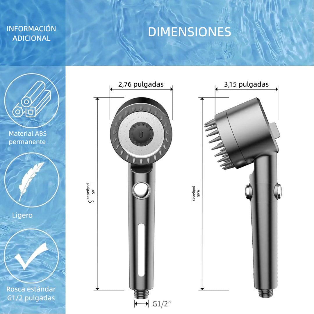 Cabezal de Ducha Filtrado con Mango, Alta Presión y Múltiples Modos de Rocío, Ducha con Filtro, Lavado a Presión para Agua Dura - AB001
