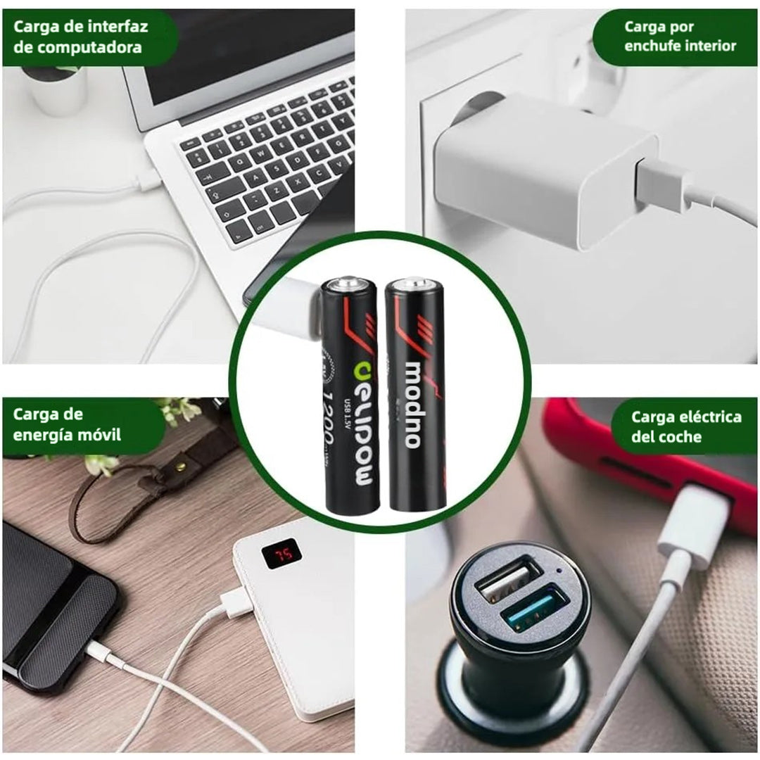 Baterías Recargables USB-C AAA 1.5V 3400mWh, Paquete de 4 Piezas con Carga Directa USB-C, Baterías Li-ion de Carga Rápida - BT003