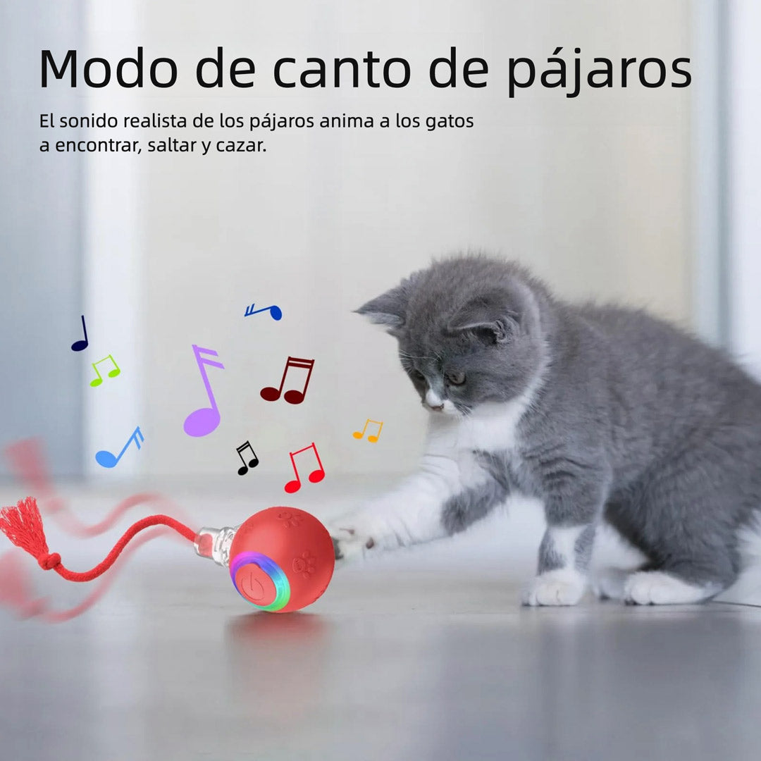 Juguete Interactivo para Gatos de Interior – Bola Rodante con Luz, Sonido de Pájaro y Cola Giratoria, Recargable por USB, Activación por Movimiento, para Alfombra y Madera – JM001