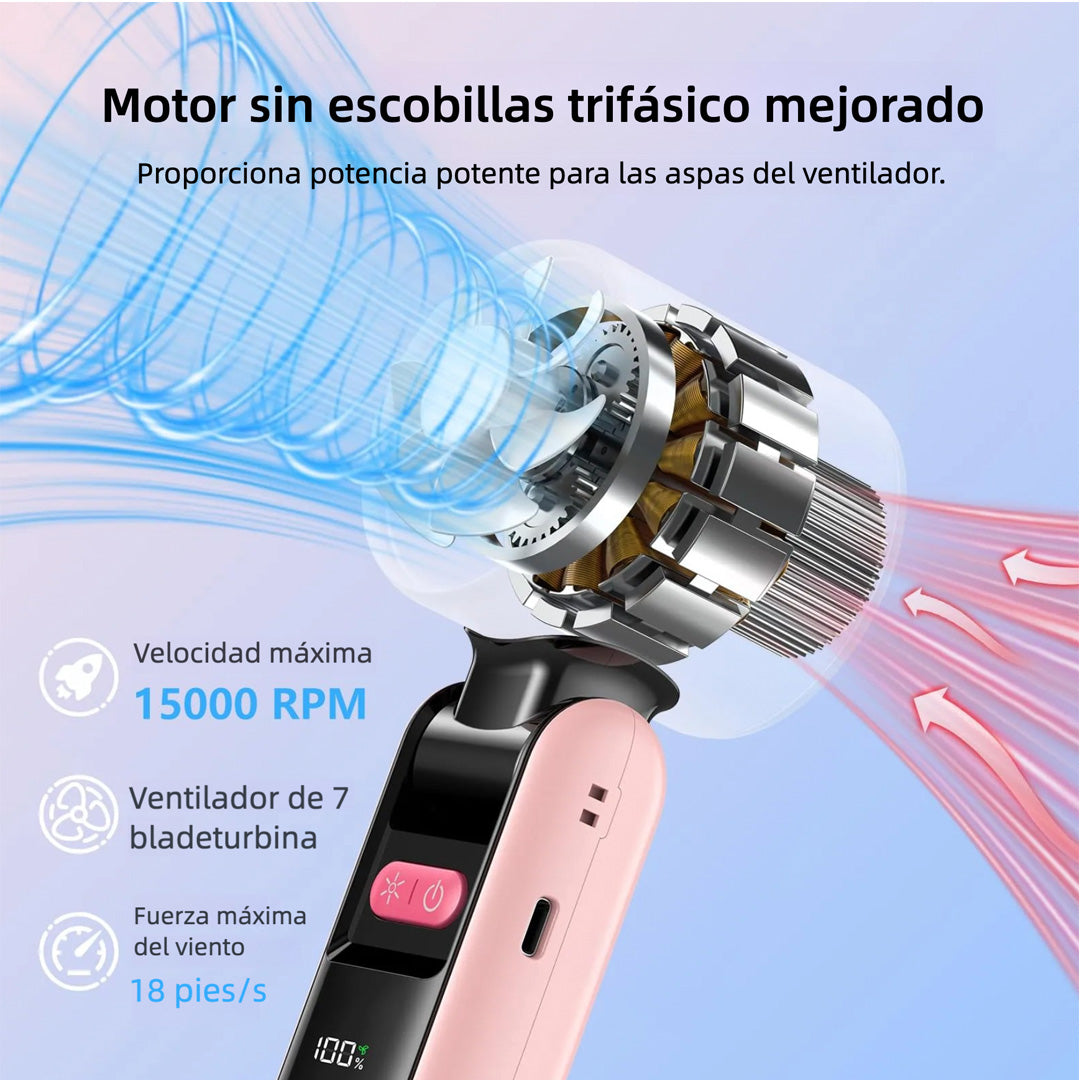 Ventilador Turbo Portátil de Mano 3 en 1, Mini Ventilador Recargable 6000mAh con 5 Velocidades, Pantalla LED y 24H de Duración para Viajes, Trabajo y Exteriores – VM007