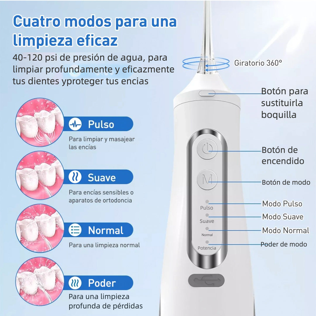 Limpiador Dental Portátil Recargable, Irrigador Bucal Potente, 4 Modos de Presión para Limpiar los Dientes, Must-Have para Viajes y Familia - CS003