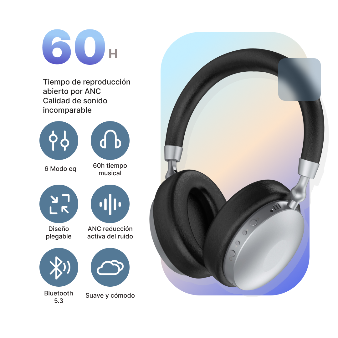 Auriculares Diadema Bluetooth con Sonido de Alta Fidelidad y Cancelación de Ruido Activa -BM002 - Yesmart