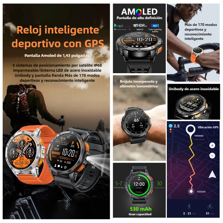 Reloj inteligente Deportivo GPS con Brújula, Altímetro y Llamadas Bluetooth -SW022 - Yesmart