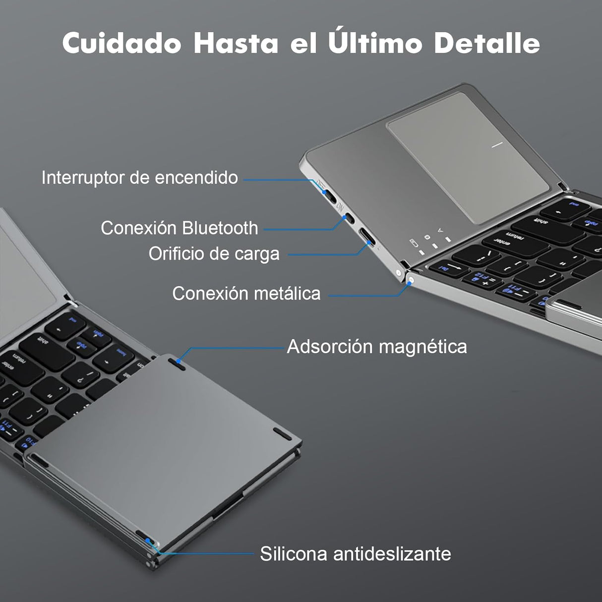 Teclado Inalámbrico Plegable con Touchpad Bluetooth, Ultra Delgado y Recargable, Compatible con iOS, Windows y Android (Gris Oscuro) KM004 - Yesmart
