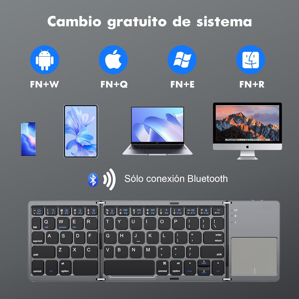 Teclado Inalámbrico Plegable con Touchpad Bluetooth, Ultra Delgado y Recargable, Compatible con iOS, Windows y Android (Gris Oscuro) KM004 - Yesmart