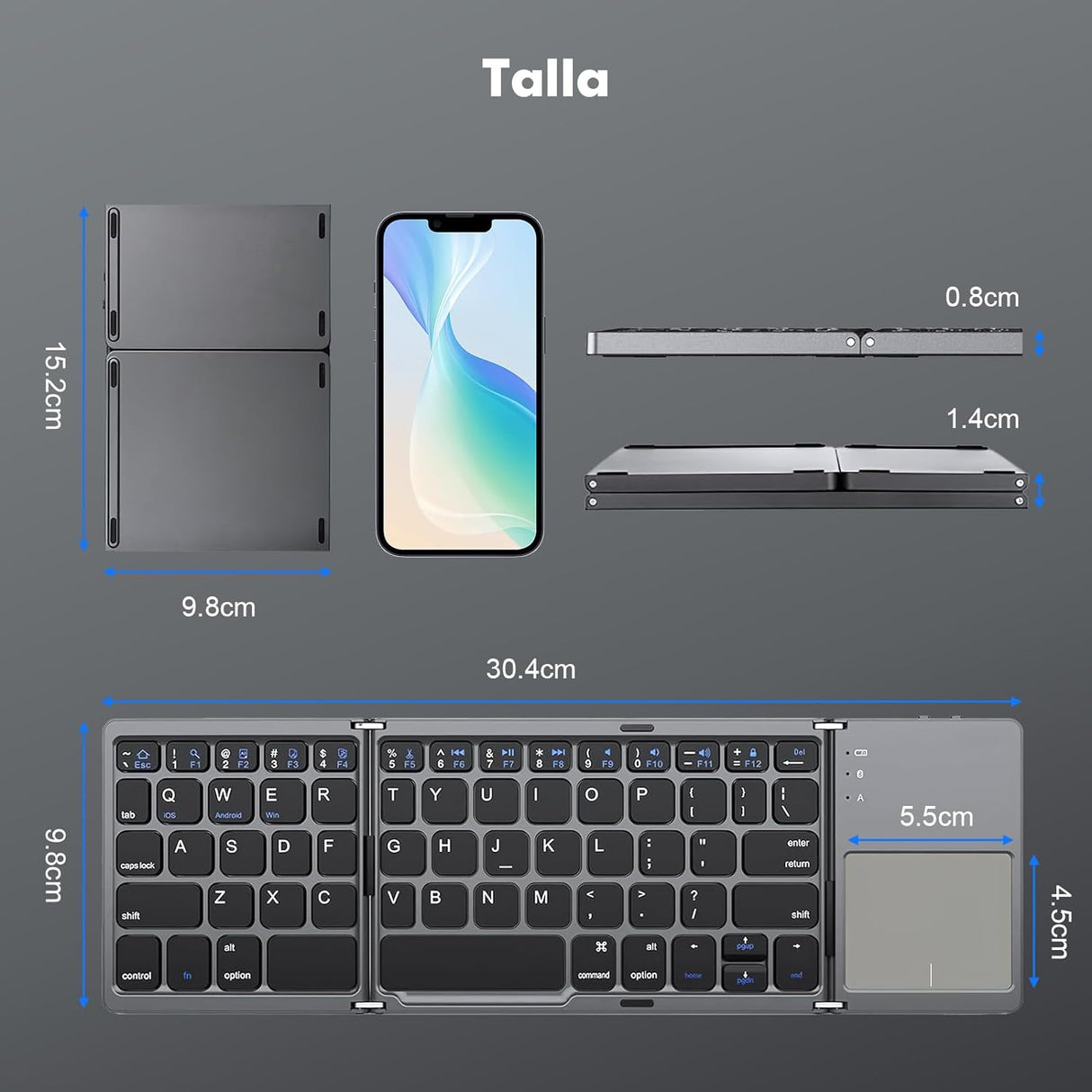 Teclado Inalámbrico Plegable con Touchpad Bluetooth, Ultra Delgado y Recargable, Compatible con iOS, Windows y Android (Gris Oscuro) KM004 - Yesmart