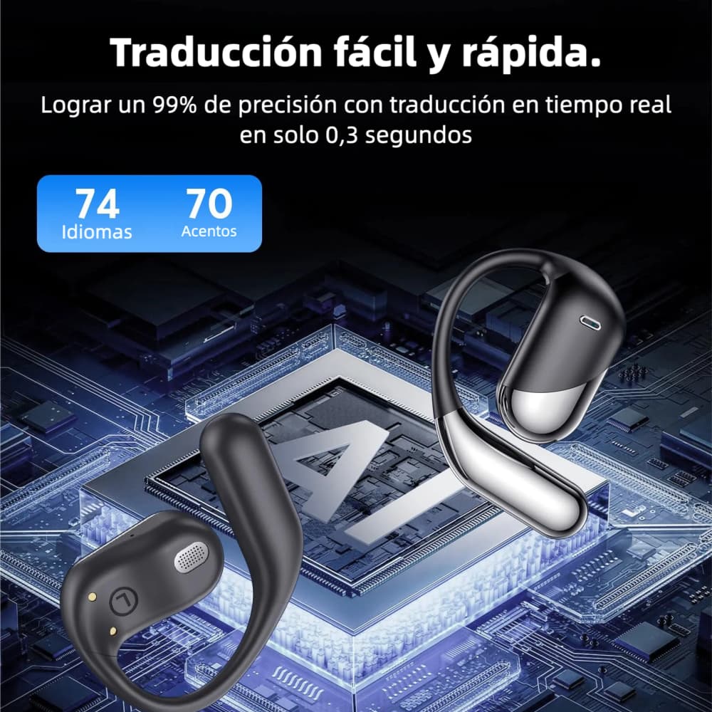 Audifonos Traductores con IA en Tiempo Real, 144 Idiomas, Bluetooth 5.4 OWS, para iOS y Android - Negro BH055