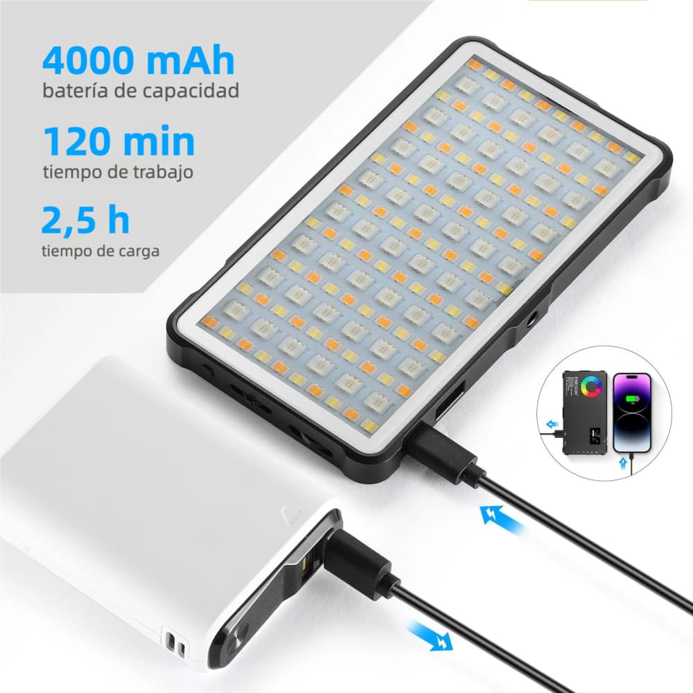 Luz de Video RGB con Batería Recargable 4000 mAh, 24 Efectos de Iluminación, Panel LED de Video con CRI≥95, 2500-9000K, Función de Banco de Energía – SC018