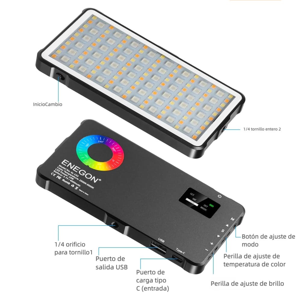 Luz de Video RGB con Batería Recargable 4000 mAh, 24 Efectos de Iluminación, Panel LED de Video con CRI≥95, 2500-9000K, Función de Banco de Energía – SC018