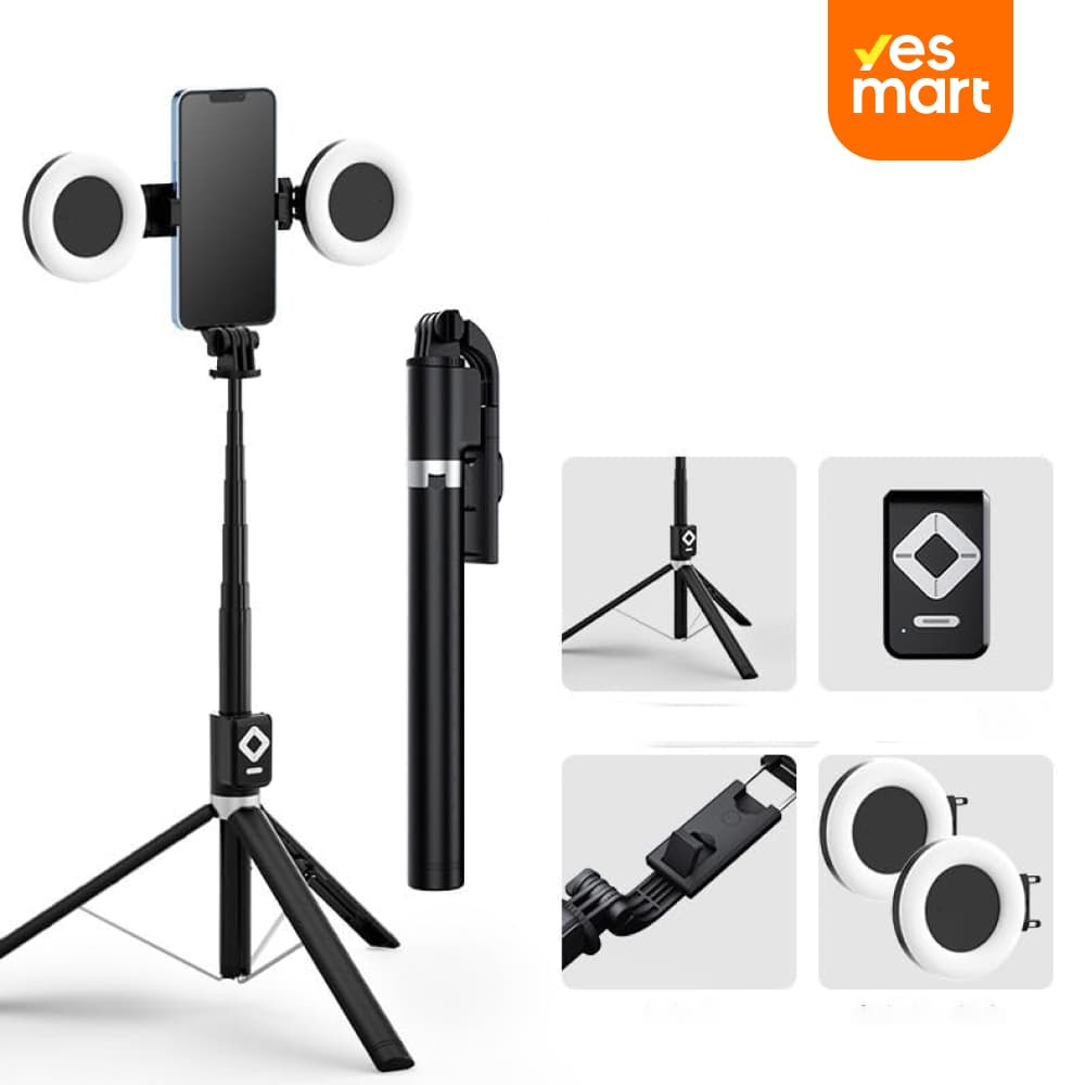 Trípode Extensible 67” con Luz y Bluetooth – Selfie Stick 3 en 1 con Control Remoto para Celular, Grabación y Transmisión