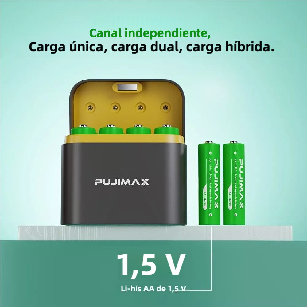 8 PACK Baterías Recargables AA 3400mWh 1.5V Li-ion + Caja de Carga Integrada PUJIMAX Cargador de Baterías Li-ion AA 1.5V BT002 - Yesmart