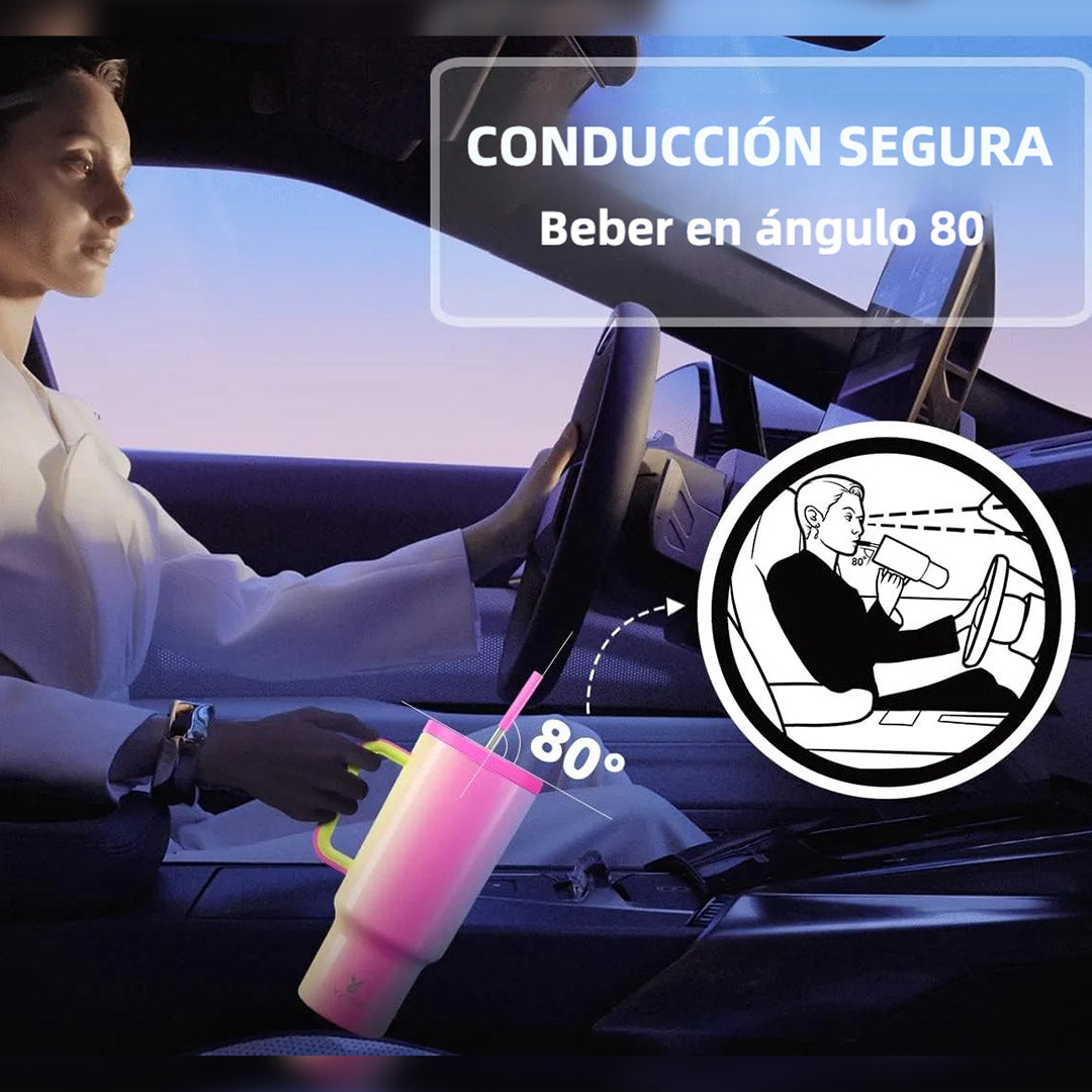 Vaso Térmico de 40oz con Asa, Tapa Antiderrames y Popote, Taza de Café de Acero Inoxidable para Viajes, Mantiene Bebidas Frías por 34 Horas y Calientes por 10 Horas AH014