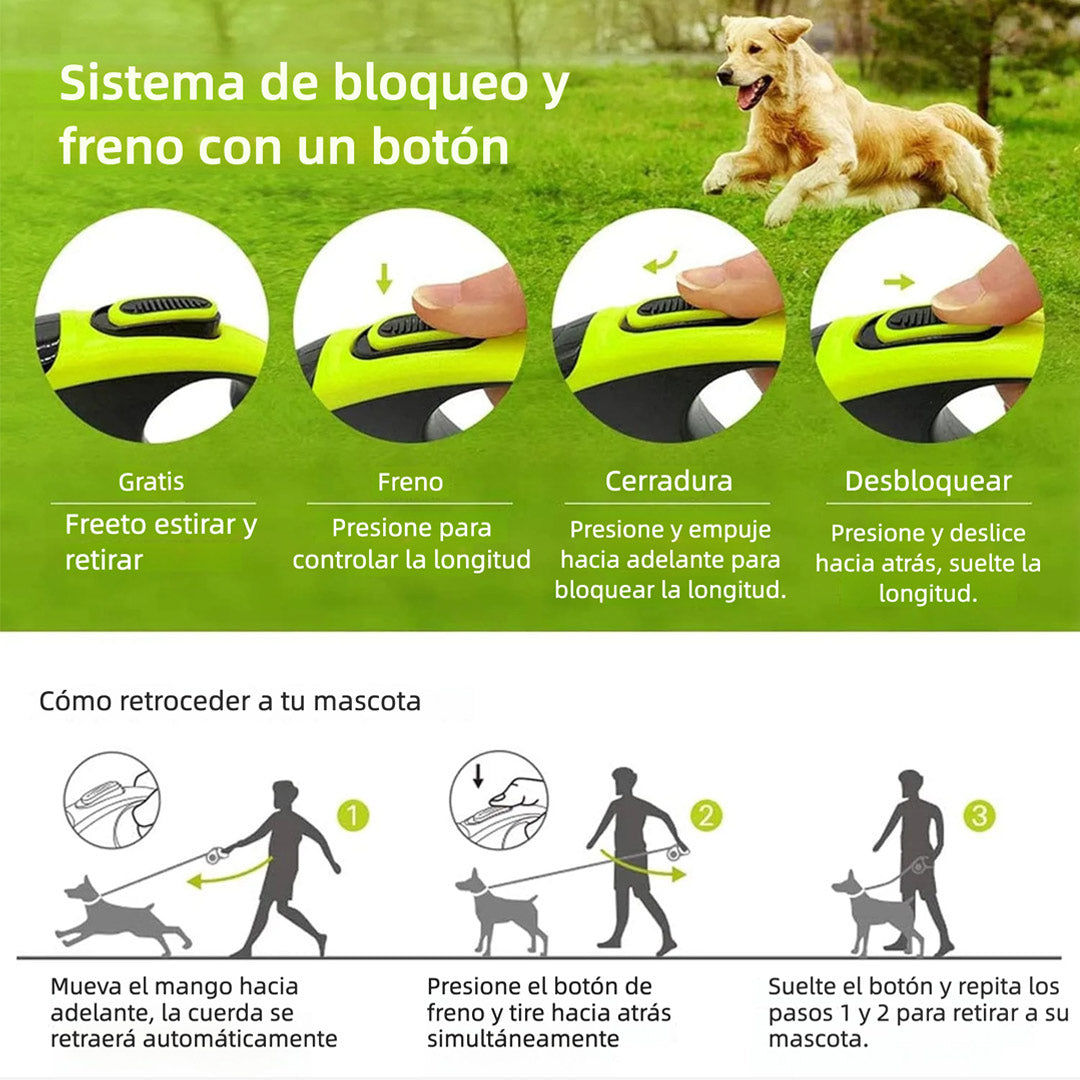 Correa Retráctil para Perros 5M Antienredos con Mango Antideslizante y Cinta Reflectante para Mascotas de Hasta 50kg - DM003
