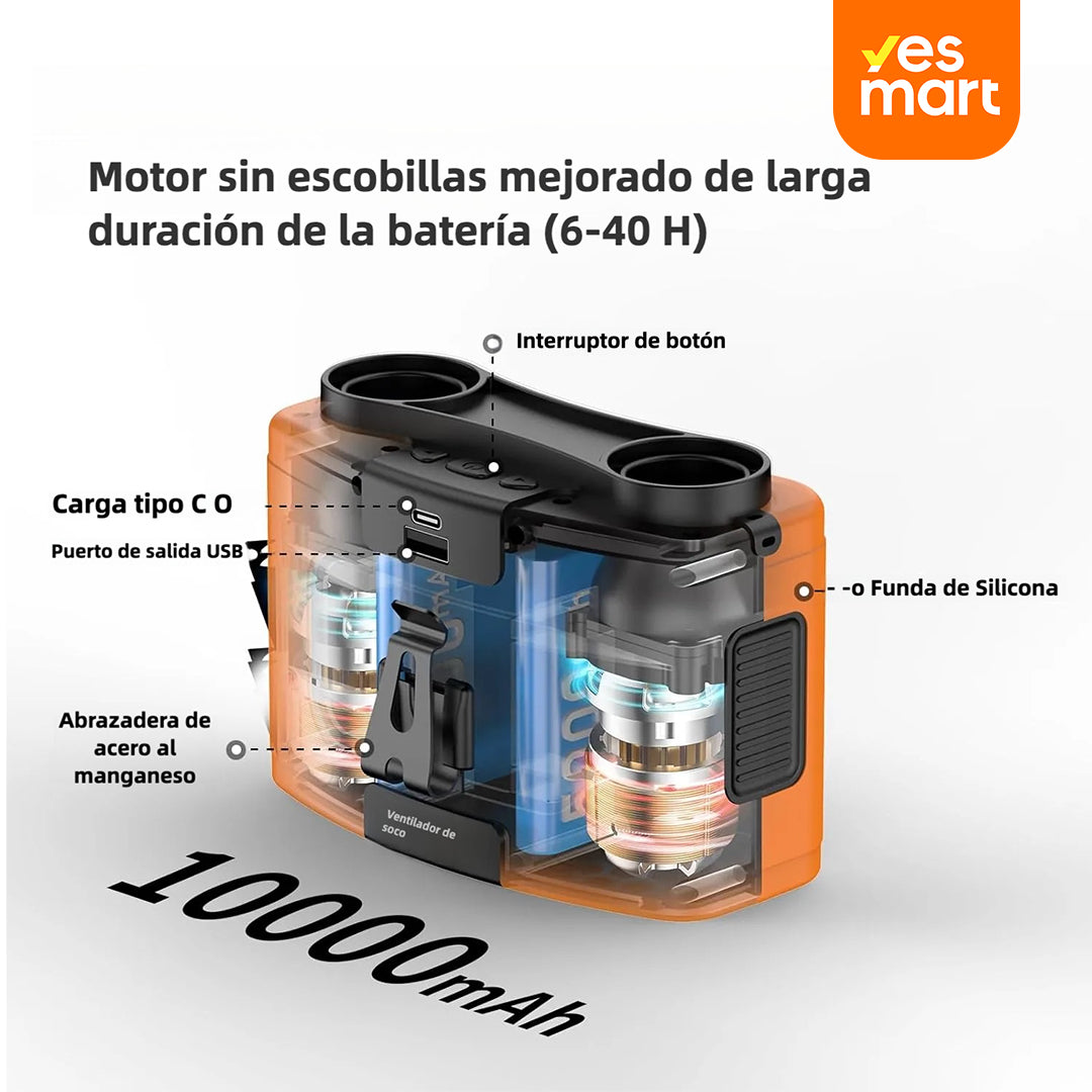 Ventilador portátil de cintura 10000mAh, con 9 velocidades y linterna, ventilador de cuello manos libres, hasta 20 horas de enfriamiento, para camping y viajes - VP001