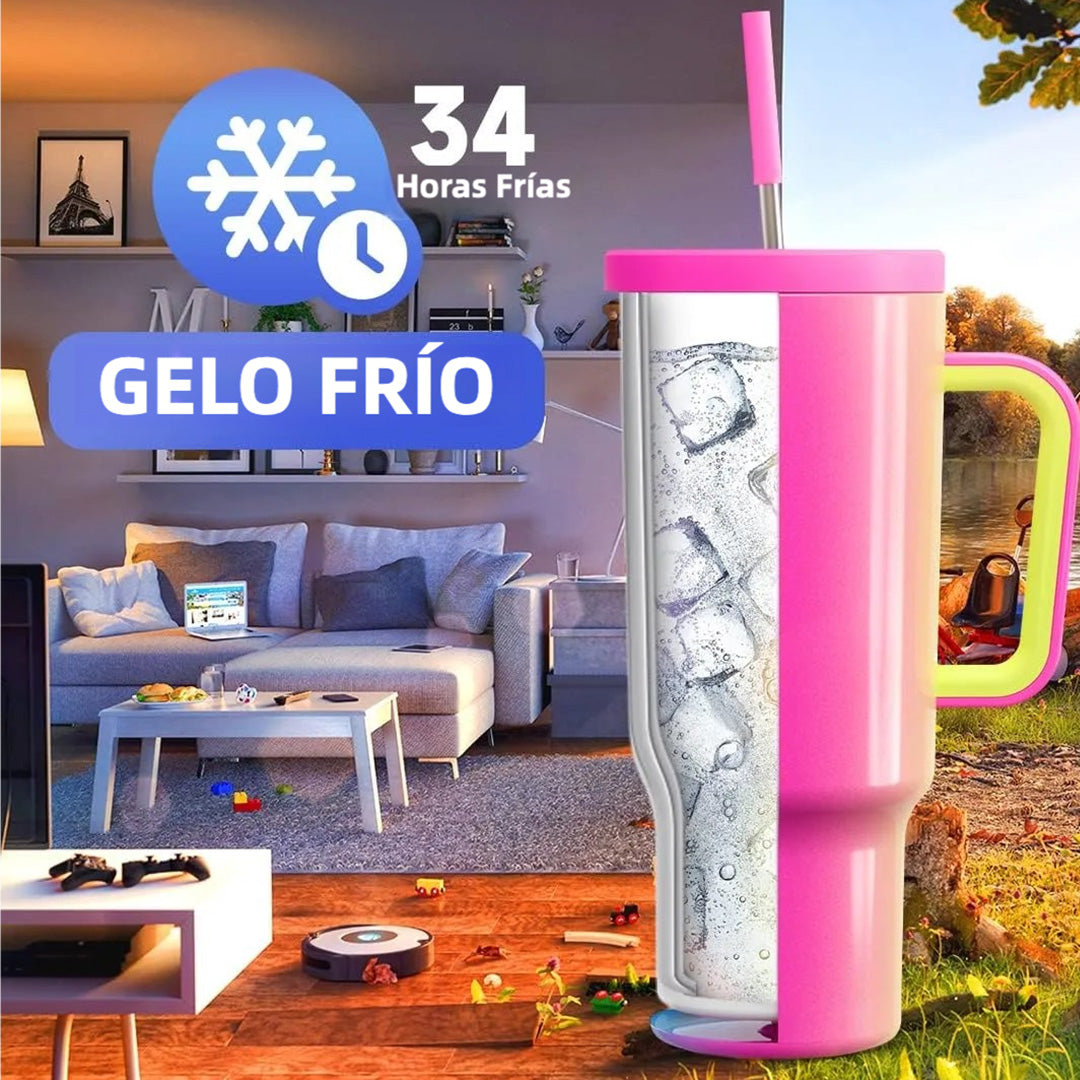 Vaso Térmico de 40oz con Asa, Tapa Antiderrames y Popote, Taza de Café de Acero Inoxidable para Viajes, Mantiene Bebidas Frías por 34 Horas y Calientes por 10 Horas AH014