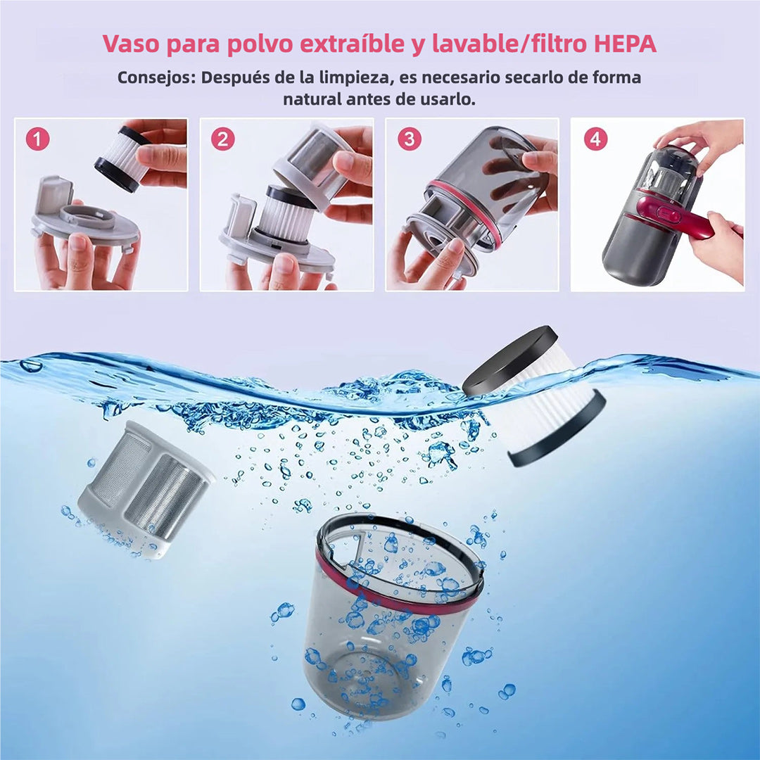 Aspiradora de Mano Inalámbrica para Cama - Limpieza Eficaz de Colchones, Sofás y Más, Con Succión Potente 8KPa, Filtro HEPA Lavable, Esterilización UV - AE003