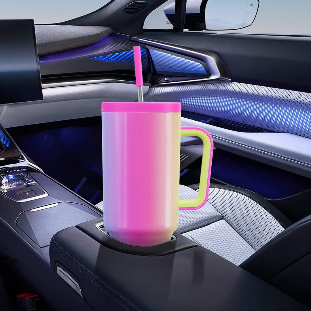 Vaso Térmico de 40oz con Asa, Tapa Antiderrames y Popote, Taza de Café de Acero Inoxidable para Viajes, Mantiene Bebidas Frías por 34 Horas y Calientes por 10 Horas AH014