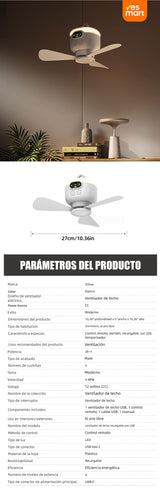 Ventilador de Techo USB Recargable 8000mAh con Control Remoto, Ventilador Portátil para Camping, 3 Aspas Desmontables, Temporizador y 4 Velocidades para Tienda o Dormitorio – VM008