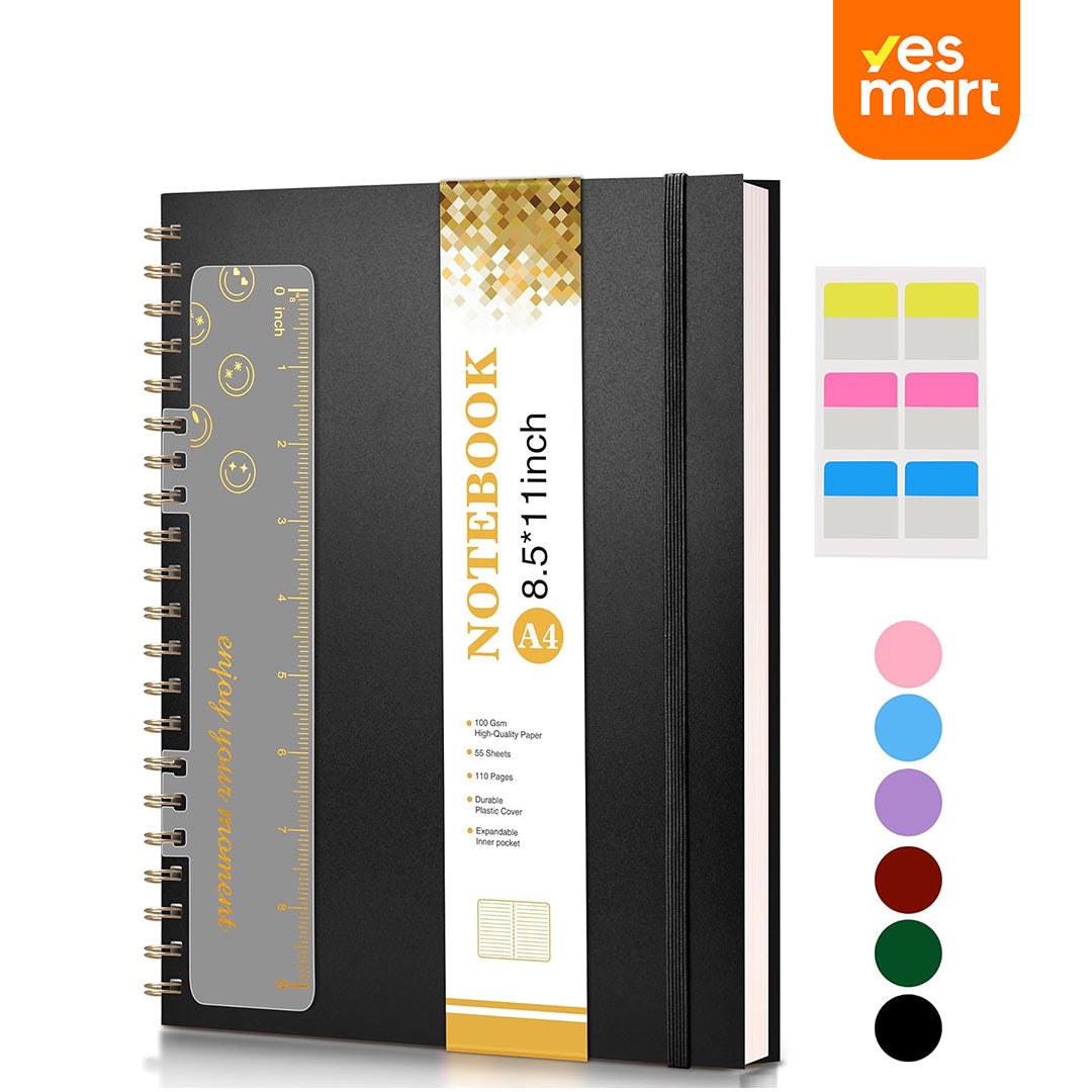 Cuaderno de Espiral A4 – 8.5” x 11”, Tapa Dura Plástica, 100 GSM, 110 Páginas, Regla Extraíble, Bolsillo Expandible, Ideal para Notas, Escuela, Trabajo y Oficina – JC006
