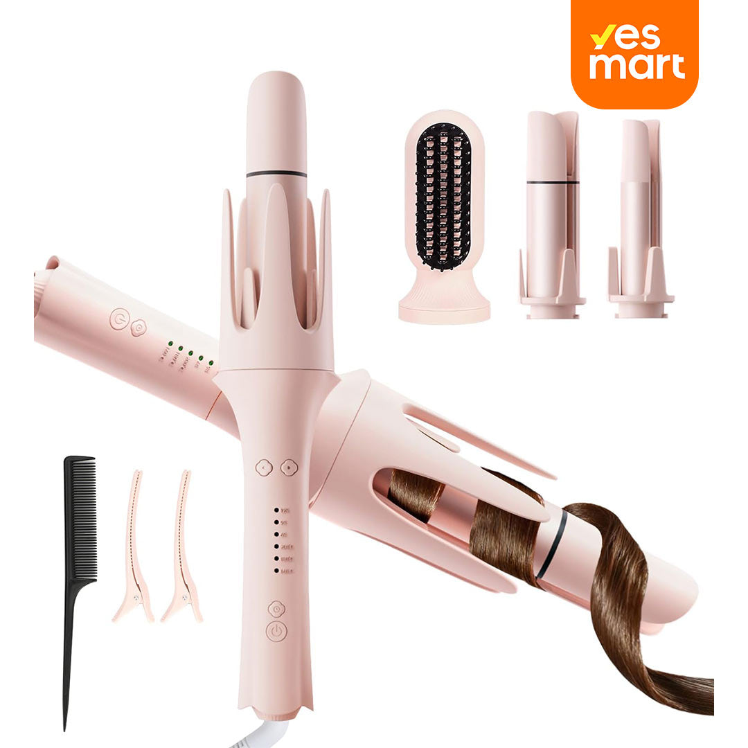 Herramienta Multifuncional 3 en 1, Rizador Automático con 2 Barriles de Cerámica (1", 1.25") y Cepillo Alisador, Plancha y Rizador de Cabello con 3 Temperaturas, Temporizador y 300000+ Iones Negativos SE006