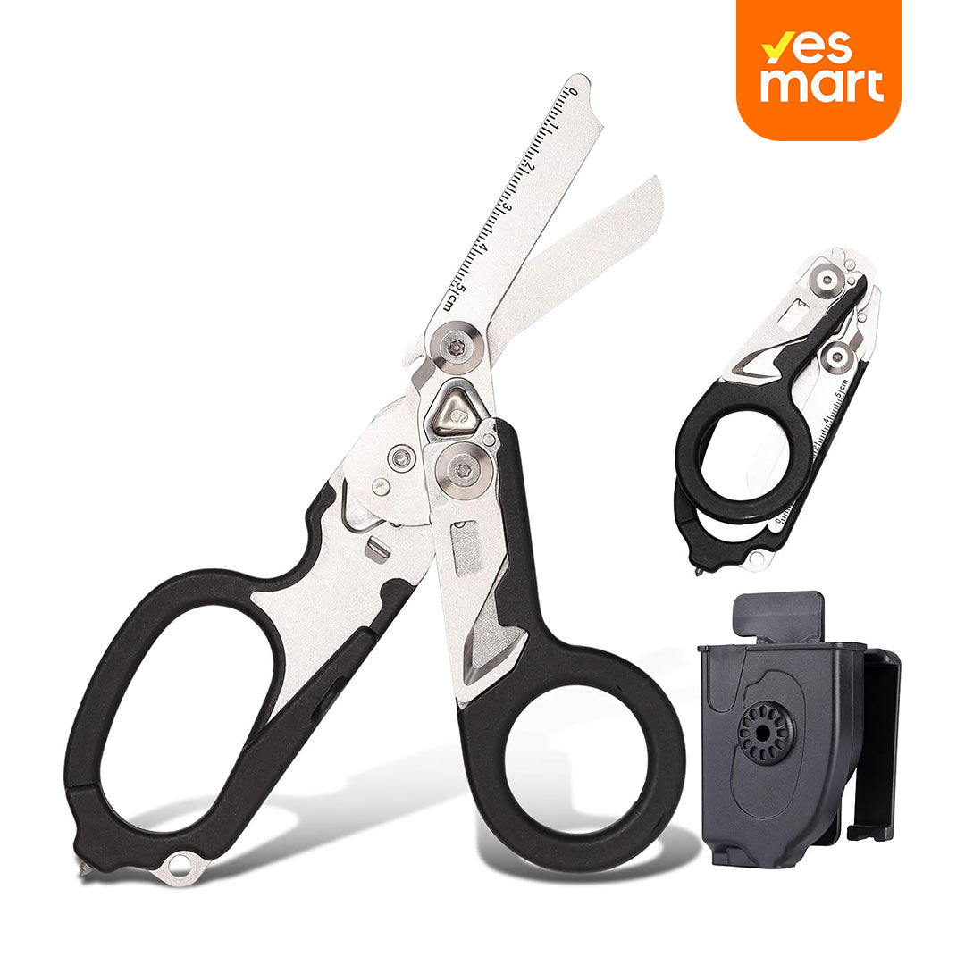 Tijeras de Emergencia 6 en 1 Plegables para Camping y Herramientas de Rescate con Cortador y Rompevidrios - Herramienta Multifuncional para Primeros Auxilios, Incluye Estuche de Piel - HM004