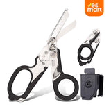 Tijeras de Emergencia 6 en 1 Plegables para Camping y Herramientas de Rescate con Cortador y Rompevidrios - Herramienta Multifuncional para Primeros Auxilios, Incluye Estuche de Piel - HM004
