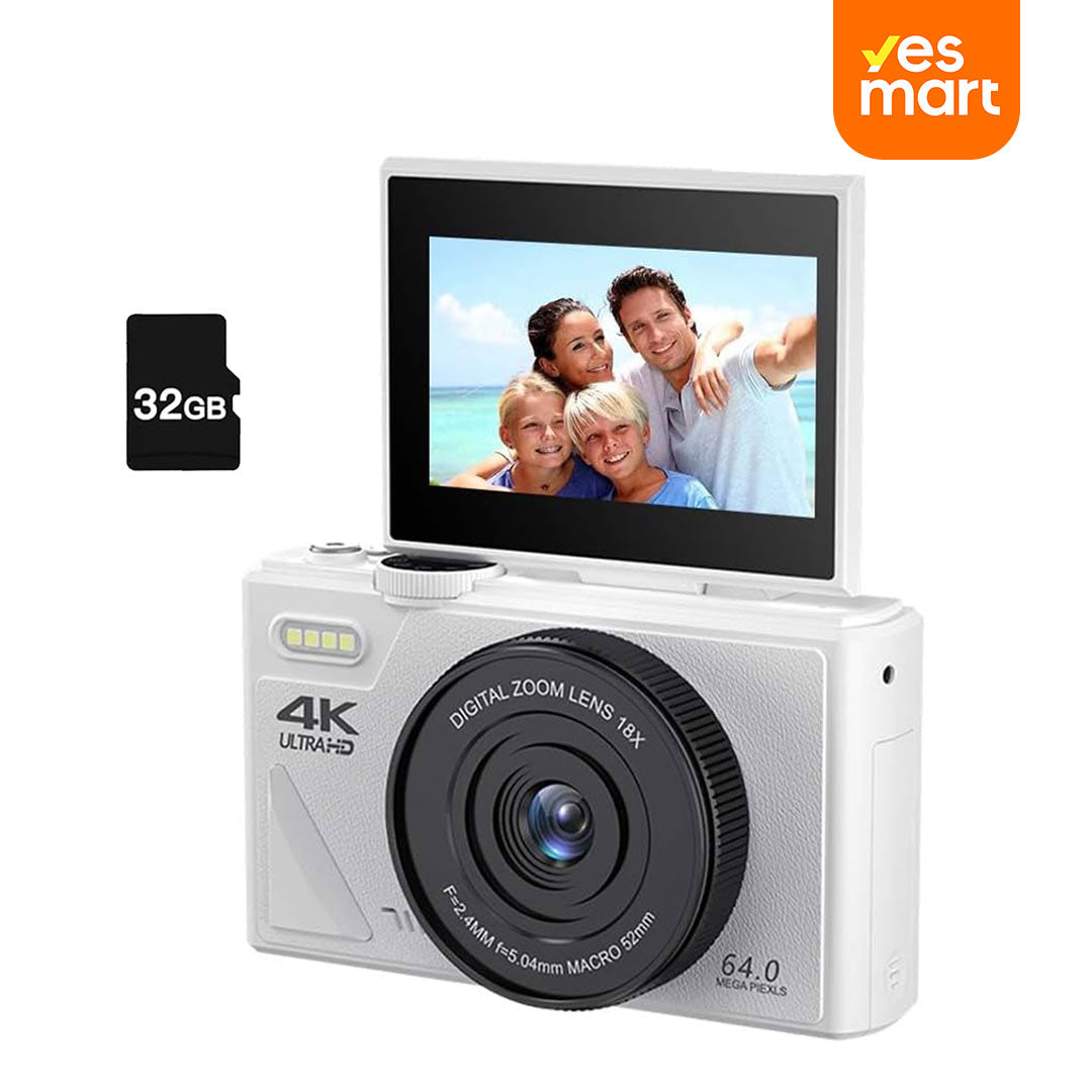 Cámara Digital 64MP 4K con Pantalla Flip de 3 Pulgadas, 18x Zoom, Ideal para Vlogs y Fotografía, Incluye Tarjeta TF de 32GB - CC009