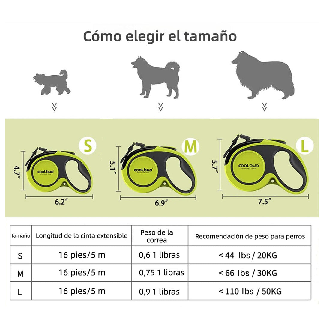 Correa Retráctil para Perros 5M Antienredos con Mango Antideslizante y Cinta Reflectante para Mascotas de Hasta 50kg - DM003