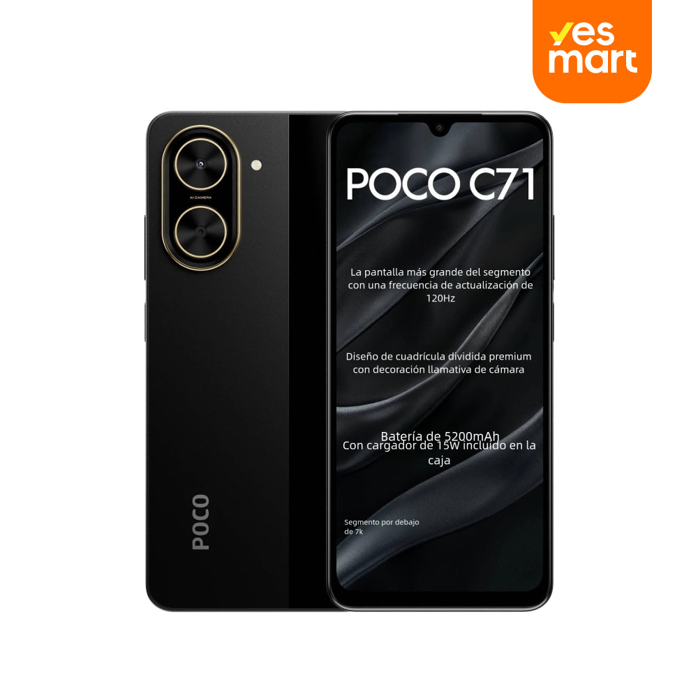 Smartphone POCO C71 con pantalla de 6.88 pulgadas, cámara de 32MP, batería de 5200mAh, Android 15 y procesador Octa-Core