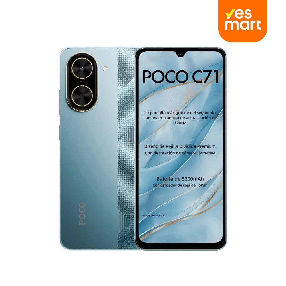 Smartphone POCO C71 con pantalla de 6.88 pulgadas, cámara de 32MP, batería de 5200mAh, Android 15 y procesador Octa-Core