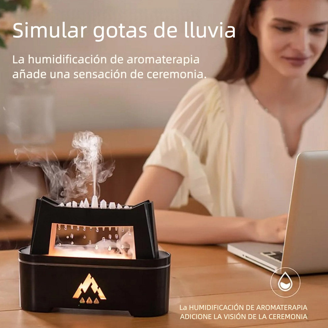 Difusor de Aceites Esenciales con Simulador de Lluvia y Luz de Llama – 300ml con Sonido Relajante, Temporizador y Control Remoto - MA006