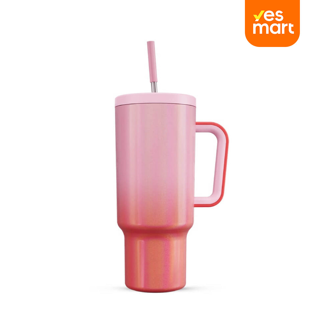 Vaso Térmico de 40oz con Asa, Tapa Antiderrames y Popote, Taza de Café de Acero Inoxidable para Viajes, Mantiene Bebidas Frías por 34 Horas y Calientes por 10 Horas AH014