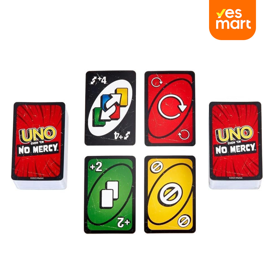 UNO Show 'em No Mercy – Edición Más Brutal del Clásico Juego de Cartas, Reglas Especiales y Cartas de Acción Extremas, Diversión para Niños y Adultos – JC001