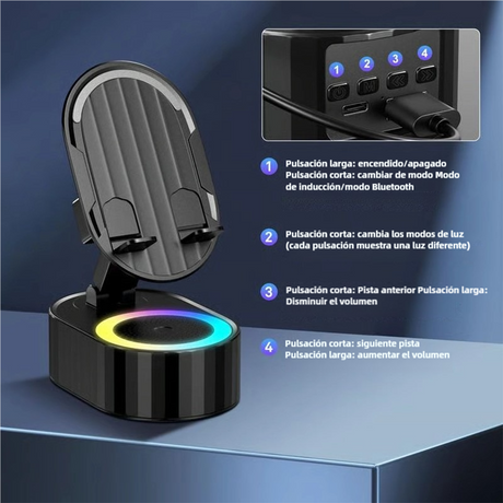 Upgraded Cell Phone Stand with Induction Speaker, Power Bank & Atmosphere Light – Adjustable, Foldable, and Compatible with Smartphones and Tablets BS018 - Yesmart