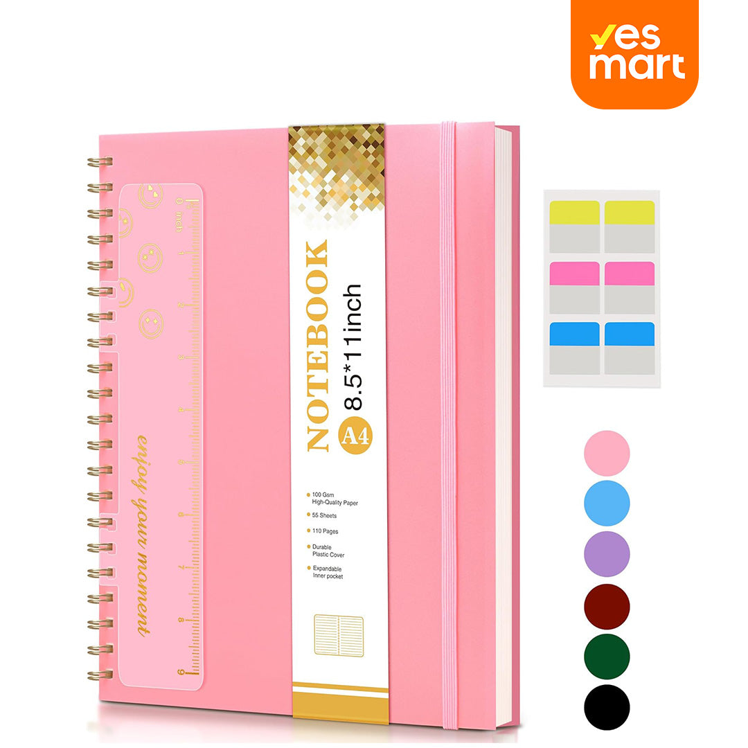 Cuaderno de Espiral A4 – 8.5” x 11”, Tapa Dura Plástica, 100 GSM, 110 Páginas, Regla Extraíble, Bolsillo Expandible, Ideal para Notas, Escuela, Trabajo y Oficina – JC006