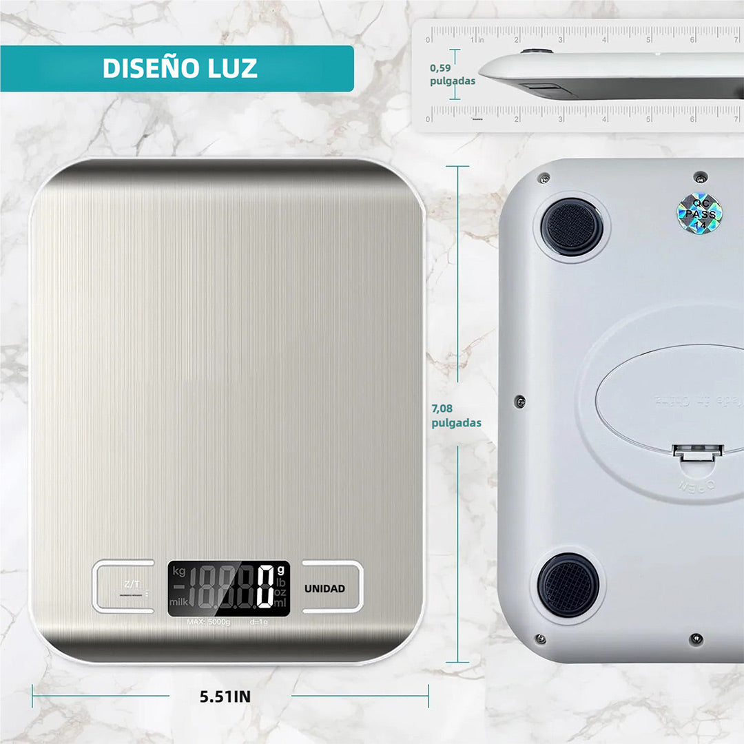 Báscula Digital de Cocina 10kg/22lb Blanca, Precisión 1g/0.04oz para Repostería, Cocina y Dieta, Superficie de Acero Inoxidable Fácil de Limpiar - EC001