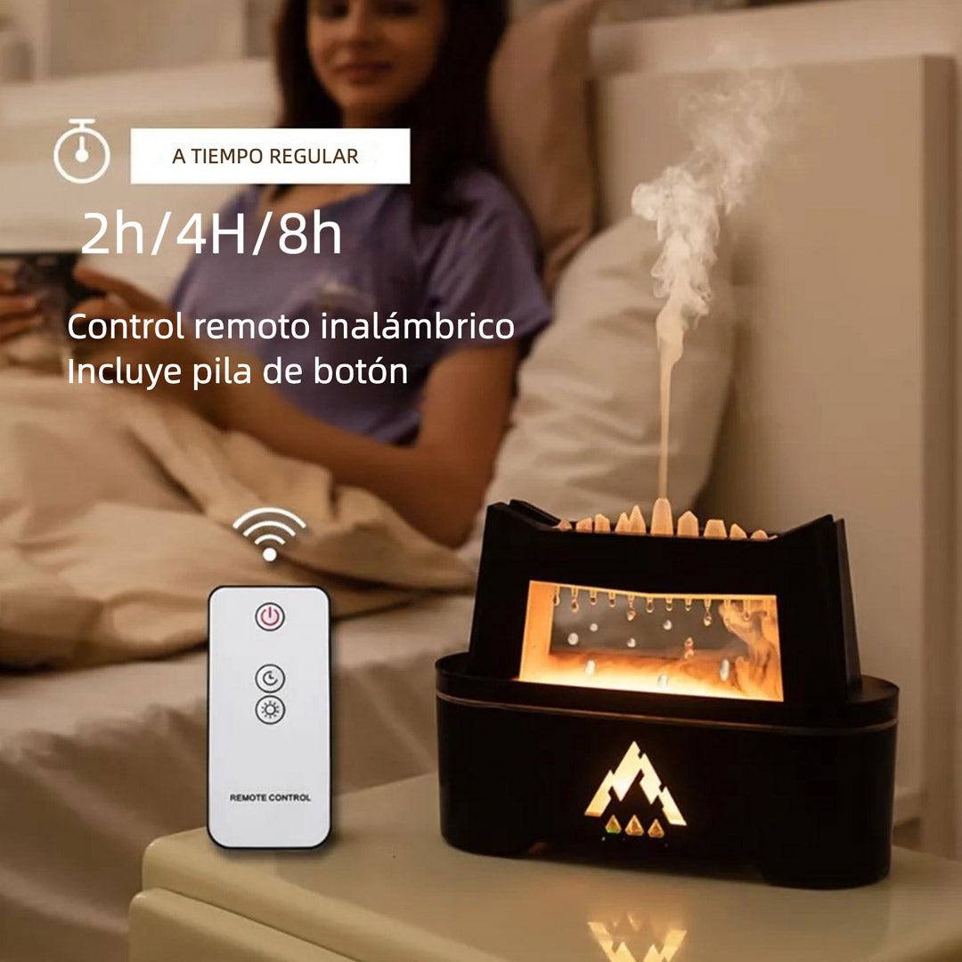 Difusor de Aceites Esenciales con Simulador de Lluvia y Luz de Llama – 300ml con Sonido Relajante, Temporizador y Control Remoto - MA006