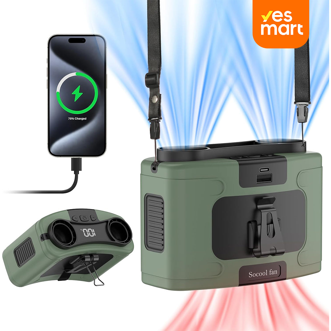 Ventilador portátil de cintura 10000mAh, con 9 velocidades y linterna, ventilador de cuello manos libres, hasta 20 horas de enfriamiento, para camping y viajes - VP001