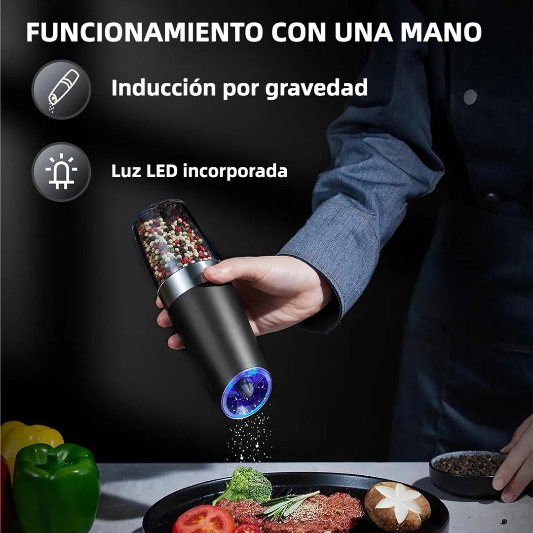 Molino Eléctrico de Sal y Pimienta con Ajuste de Grosor – Vibración Automática, LED y Operación con una Mano – Ideal para Cocina – EJ004