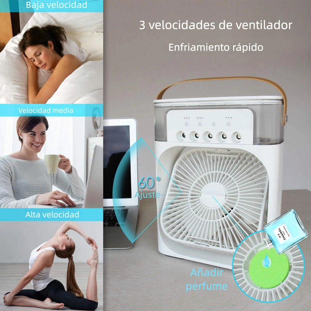Ventilador de Aire Portátil con Enfriamiento por Evaporación – Mini Enfriador con 7 Luces LED, Temporizador y 3 Velocidades para Escritorio o Mesita - VM010