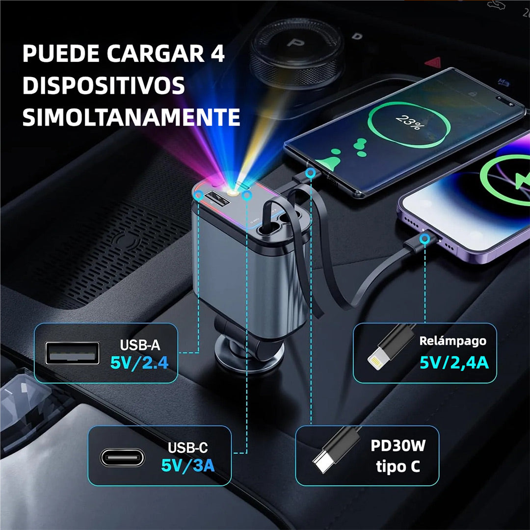 Cargador de Coche con Estrella, Cargador USB-C 66W para Automóvil, 4 en 1 con Cable Retráctil, 2 Puertos USB, Cargador para Teléfono de Coche - CI016