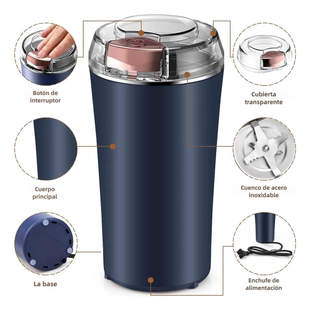 Molino de Especias Eléctrico 200W – Potente y Rápido, Ideal para Hierbas, Especias, Frutos Secos, Granos y Café – Con Cepillo de Limpieza, Capacidad de 24 Tazas – EJ003