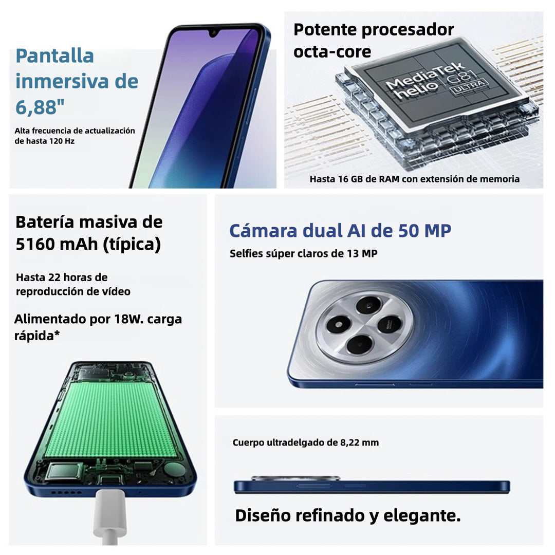 Xiaomi Redmi 14C 4G LTE Global Desbloqueado - 8GB RAM + 256GB ROM - Pantalla 6.88” FHD+ - Cámara Triple de 50MP - Batería de 5160mAh - Procesador MediaTek Helio G81-Ultra - Negro y Azul Estelar