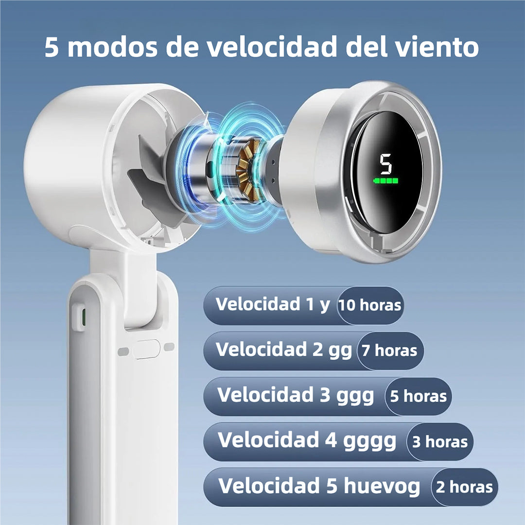 Ventilador de Mano Turbo Portátil 5 Velocidades, 12H Duración - Tecnología Air Turbo para Exteriores, Viajes y Oficina - VM001