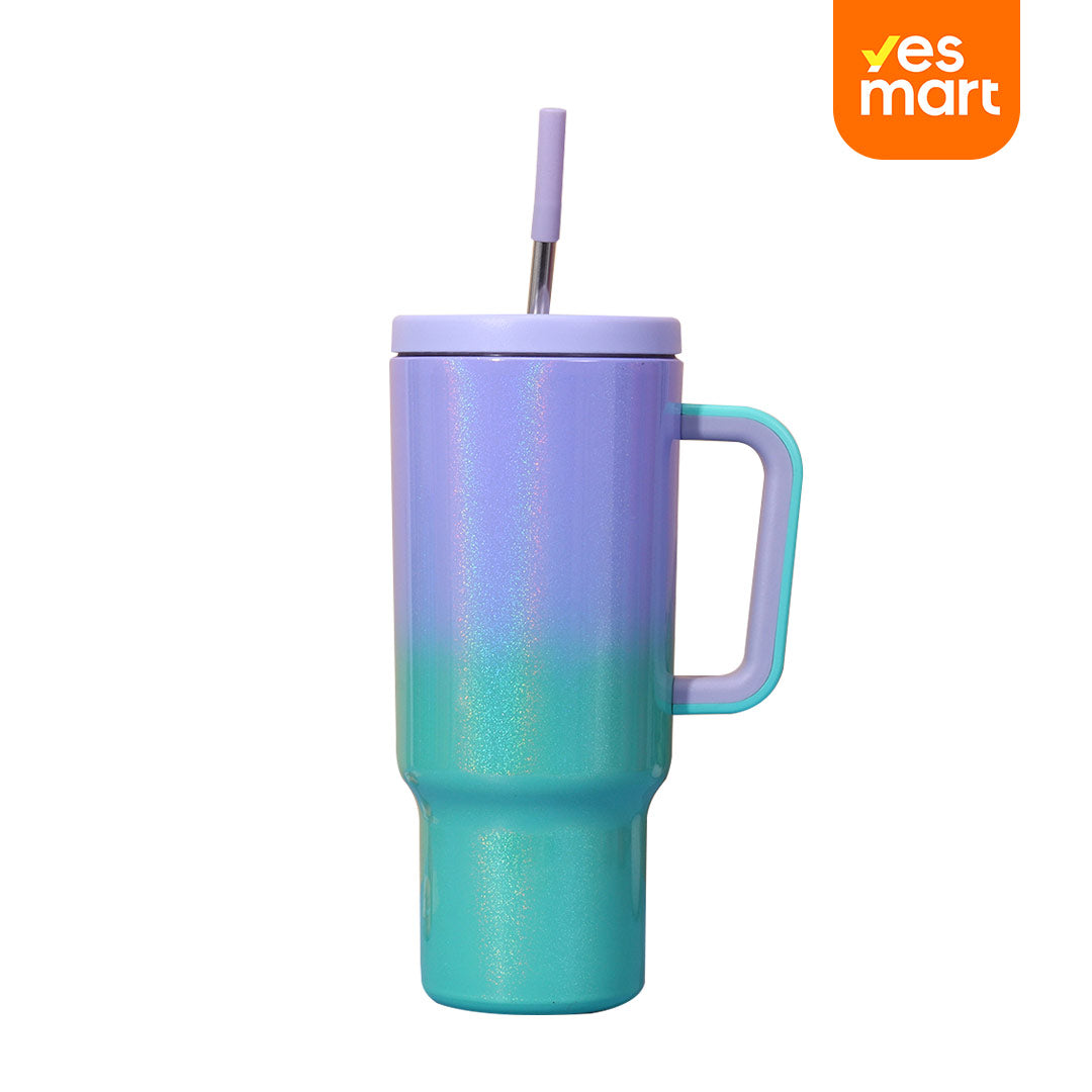 Vaso Térmico de 40oz con Asa, Tapa Antiderrames y Popote, Taza de Café de Acero Inoxidable para Viajes, Mantiene Bebidas Frías por 34 Horas y Calientes por 10 Horas AH014