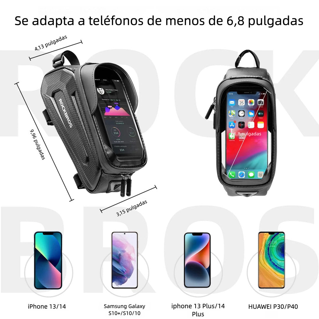 Bolsa de Teléfono para Bicicleta con Soporte y Pantalla Táctil – Funda Impermeable EVA para Cuadro Frontal Compatible con Móviles hasta 6.8” - AH017