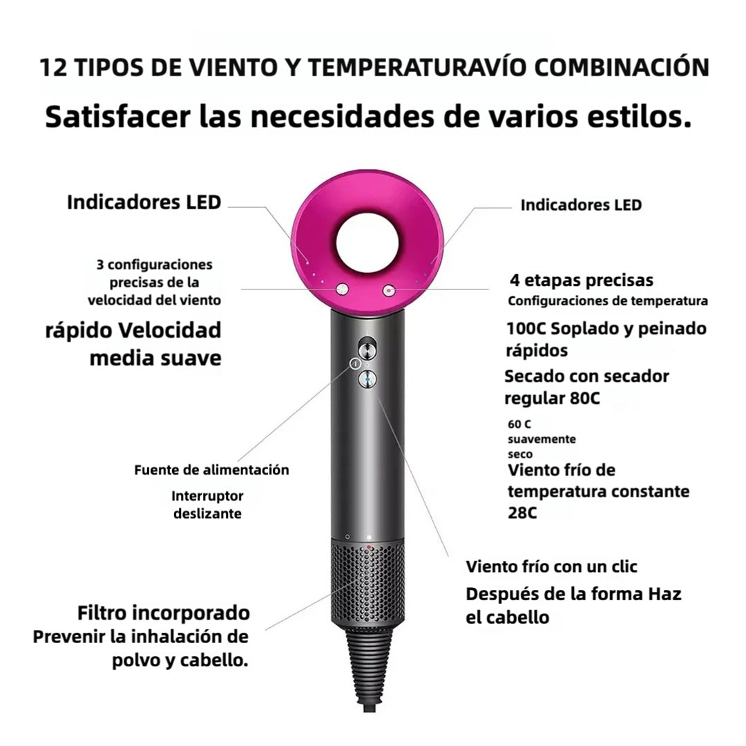Secador de Pelo Aniónico Sin Aspas de Alta Velocidad 110V – Secado Rápido, 1600W, con Accesorios Magnéticos y Tecnología Iónica - SE002