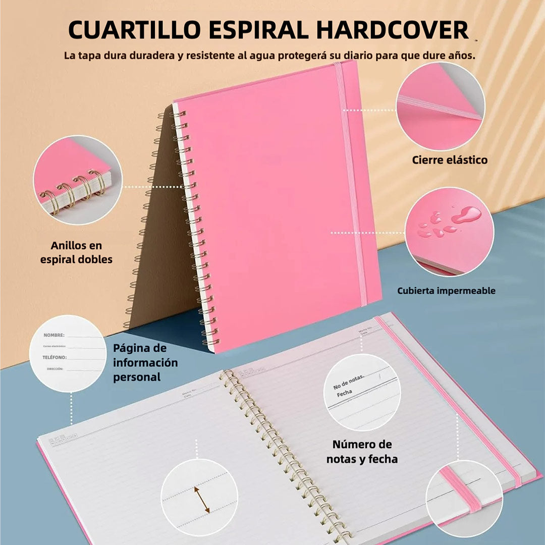 Cuaderno de Espiral A4 – 8.5” x 11”, Tapa Dura Plástica, 100 GSM, 110 Páginas, Regla Extraíble, Bolsillo Expandible, Ideal para Notas, Escuela, Trabajo y Oficina – JC006