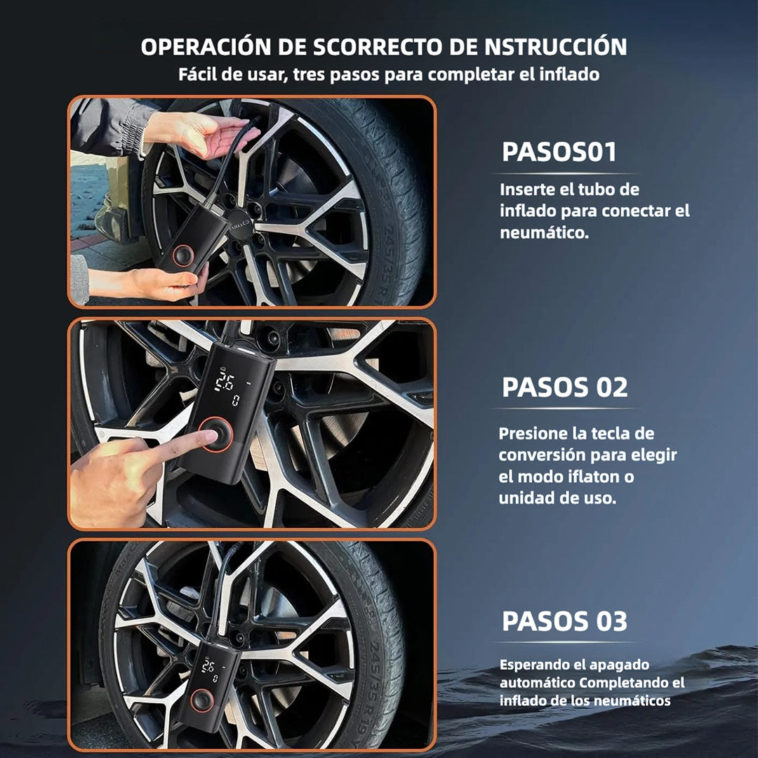 Compresor de Aire Portátil 150 PSI con Manómetro Digital, Inflador Rápido y Apagado Automático, 3X Más Rápido, para Neumáticos de Automóvil, Moto, Bicicleta y Pelotas - HE002